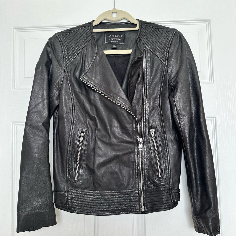 Lucky Brand Black Leather Motorcycle Jacket with Asymmetrical Zipper